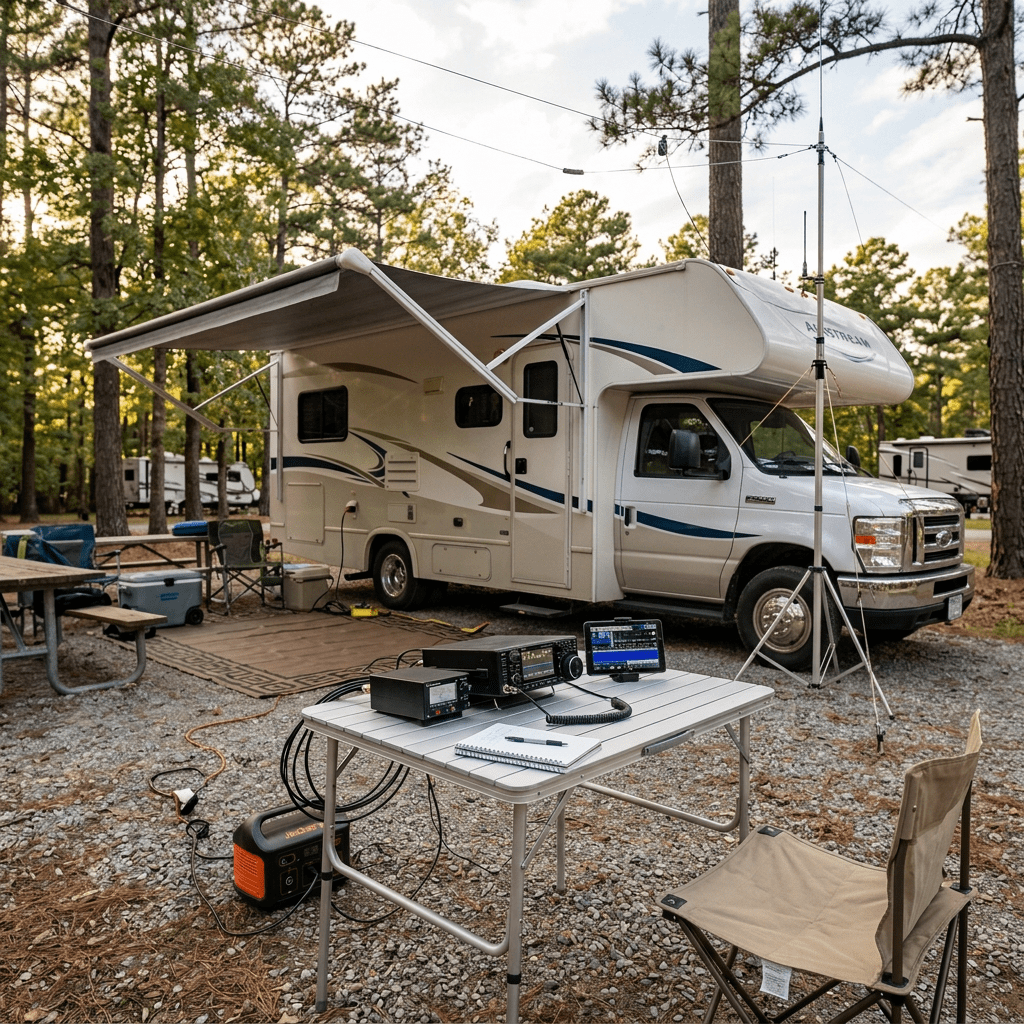 Camper operating amateur radio equipment beside an RV at a campground