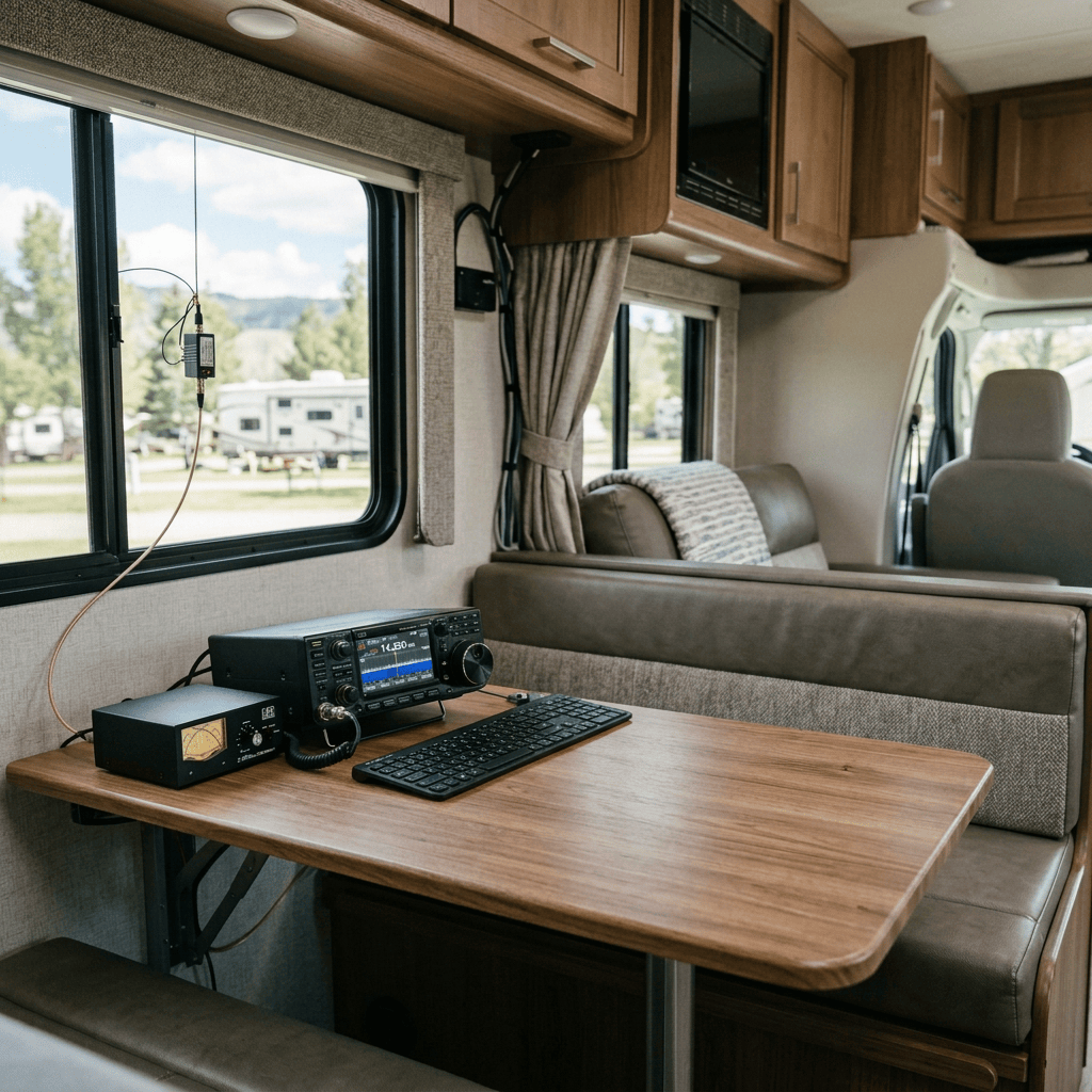 Woman wearing a headset operates an amateur radio inside an RV